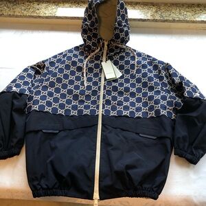 Gucci GG Ripstop Fabric Navy/Ivory Bomber Fully Zip Hood Jacket Men's Size XXL